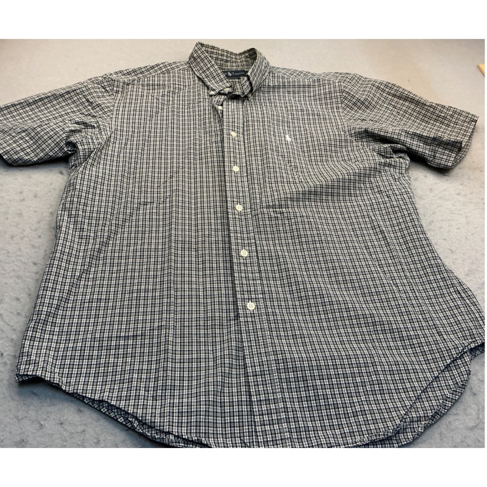 Ralph Lauren Plaid Button Down Shirt Short Sleeve Classic Fit Large Black White